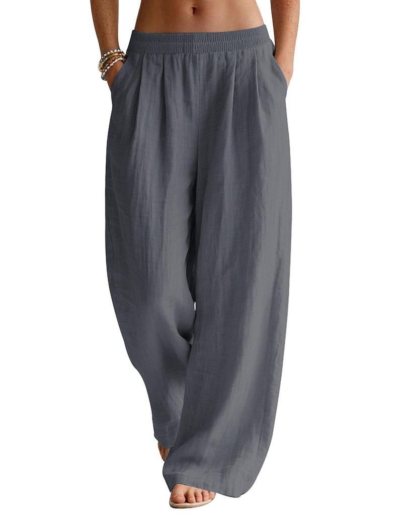 Women's Flowy Linen Wide-Leg Pants - Summer Beach Travel Wear with Elastic Waist & Pockets