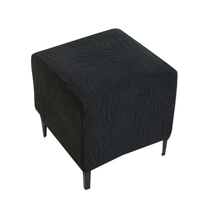 Leaves Jacquard Ottoman Cover Square Ottoman Slipcovers Stretch Footstool Covers for Living Room All-inclusive Footrest Cover