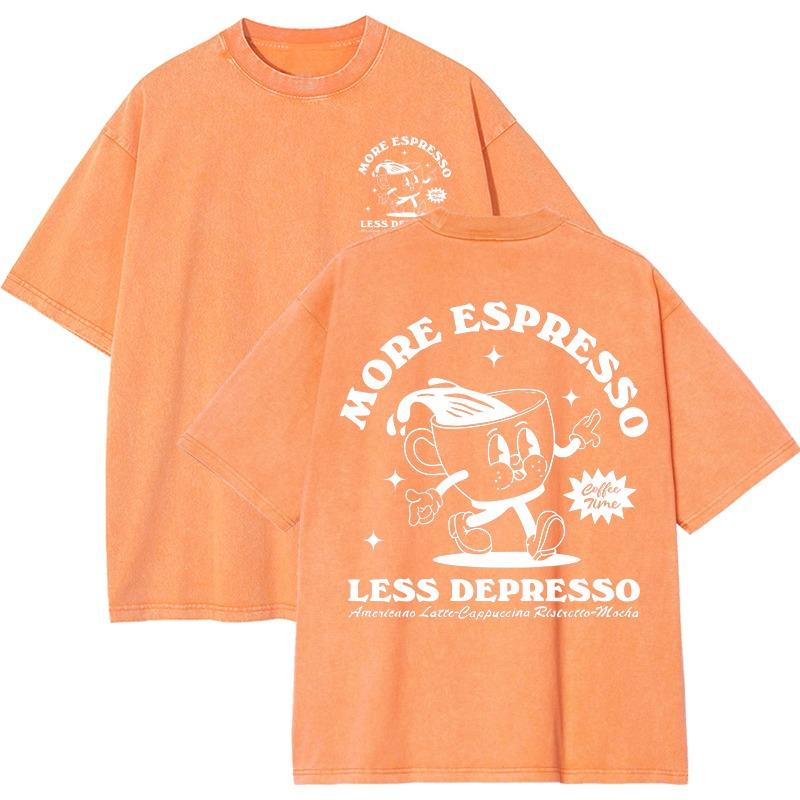 More Espresso Less Depresso Letter Cup Drink Print Washed Womens Tee Shirt Cotton T-Shirts New Breathable Clothes All-Match  Top