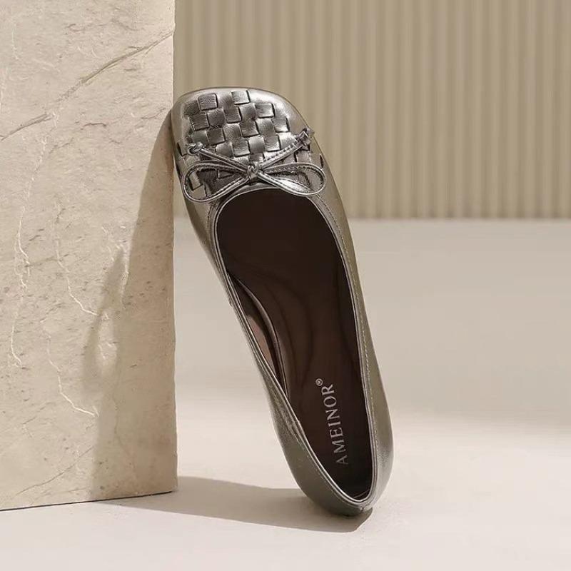 Retro bow ballet flats autumn new soft leather comfortable versatile women's shallow mouth single shoes