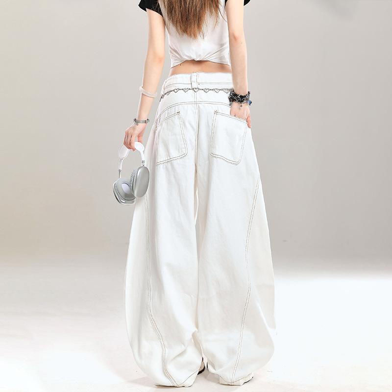 Lazy Style Design Sense Scimitar Jeans Women's Spring and Autumn Versatile Loose Pocket Wide-leg Floor Jeans