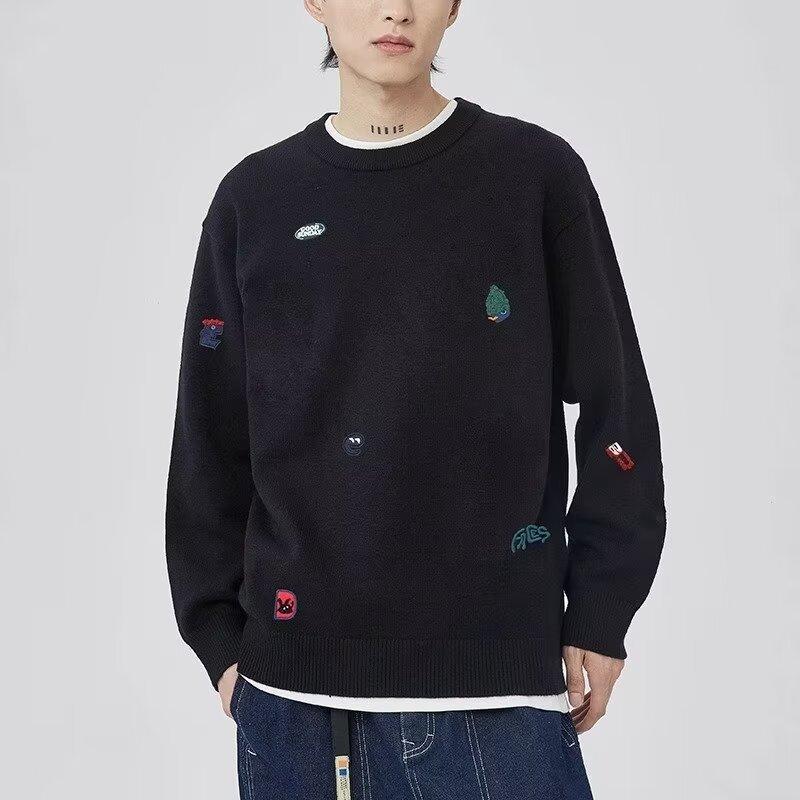 Herren Rundhalspullover Frühling und Herbst Jugend Lose Top Stickerei Reine Farbe All-Matching Herren Langarmshirt