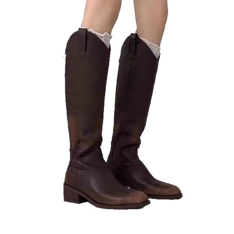 Long boots Women's British style round head V mouth thin versatile thick heel high tube but knee knight boots fashion versatile boots