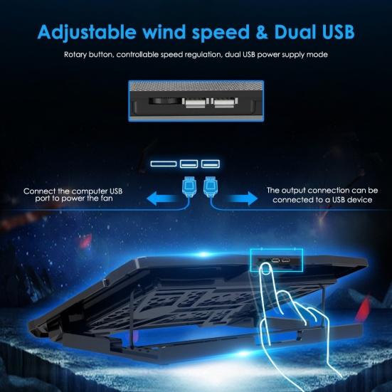 2 USB Ports Six Cooling Fans Laptop Cooler Pad Notebook Stand for 14/15.6Inch