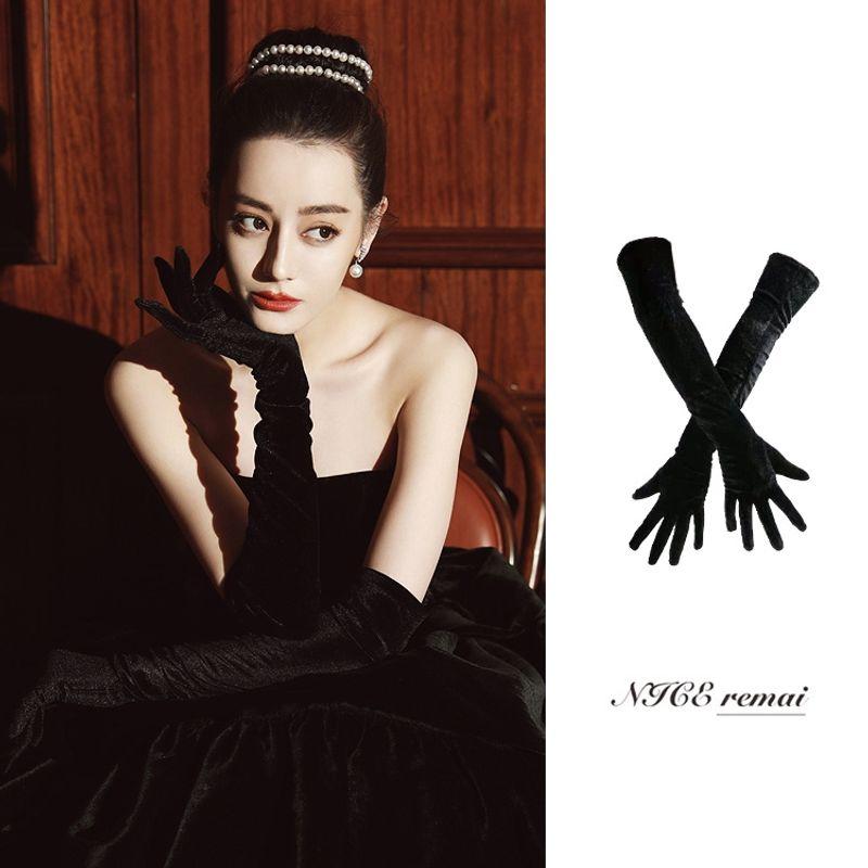 

Дильраба Тот же стиль Эластичная сетчатая пряжа Перчатка Женская Элегантная в стиле Хепберн Ретро Вечернее платье Невеста Фото Рукав для руки Длинный Black Velvet Gloves-Rebar Same One size