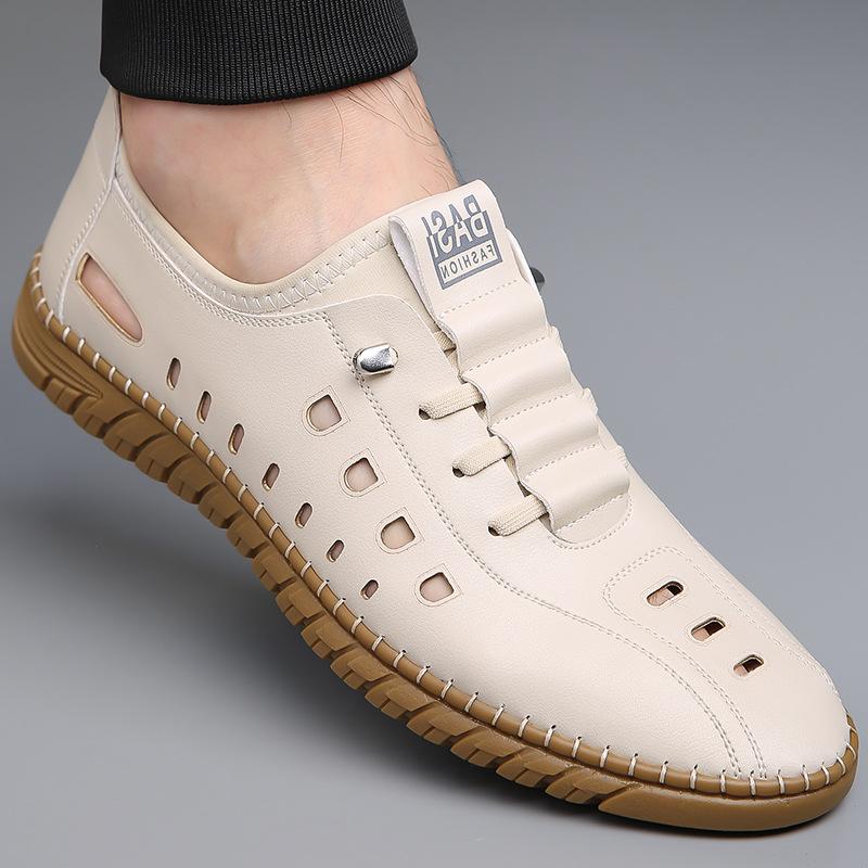

Лето 2025 года, новые дышащие мягкие подошвы, модные мужские повседневные сандалии, сшитые вручную, прочные, мужские туфли с отверстиями 6619 44 бежевый