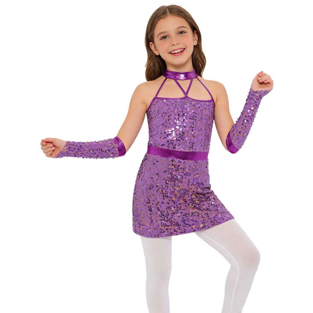 Kids Girls Jazz Dance Halter Dress Sleeveless Strappy Back Invisible Zipper Sparkling Sequins with 1 Pair Gloves for Stage Performance