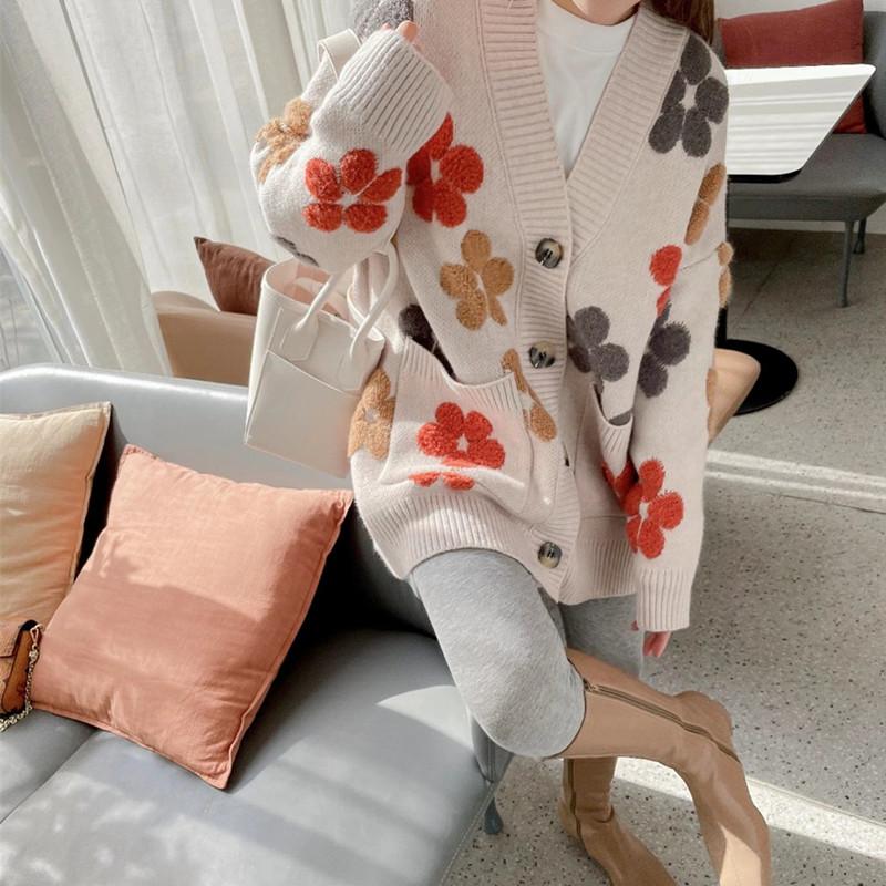 Long-sleeved Cardigan Sweater Women Autumn And Winter 2022 Fashion New V-neck Printed Blouse Loose Western Style Knitted Jacket