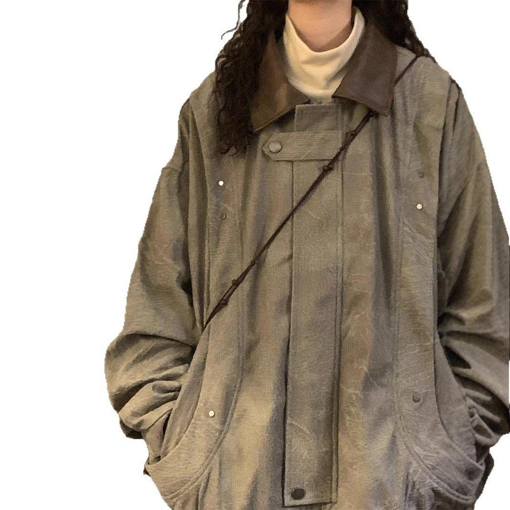 Women's Corduroy Patchwork Jacket - Retro Turn-Down Collar, Distressed High Street Style, 2025 Spring/Autumn Trend