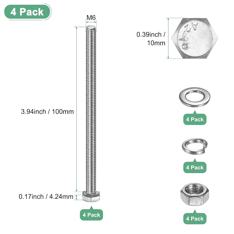 M METERXITY 4-Piece Set Hex Head Screws, Fully Threaded, Durable, Rustproof, Industrial Parts, Machinery, Silver, Hex Bolts M6 x 100mm, Nuts