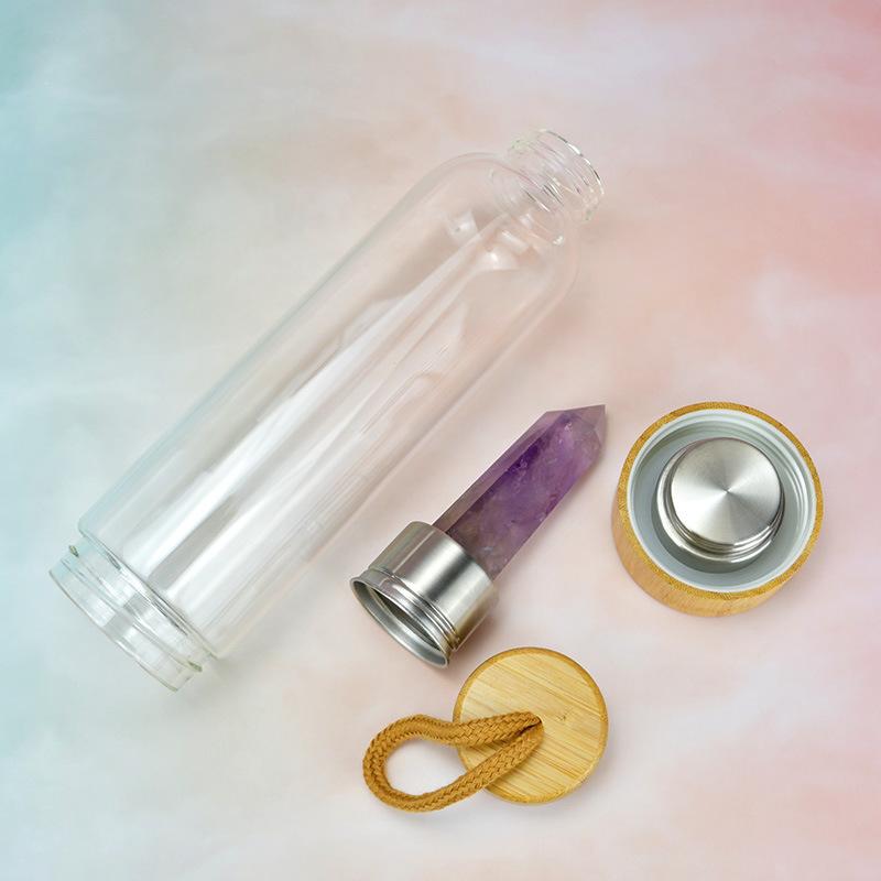 Crystal Stone Energy Pillar Glass Water Cup Bamboo Cap Natural Crystal Set Glass Cup