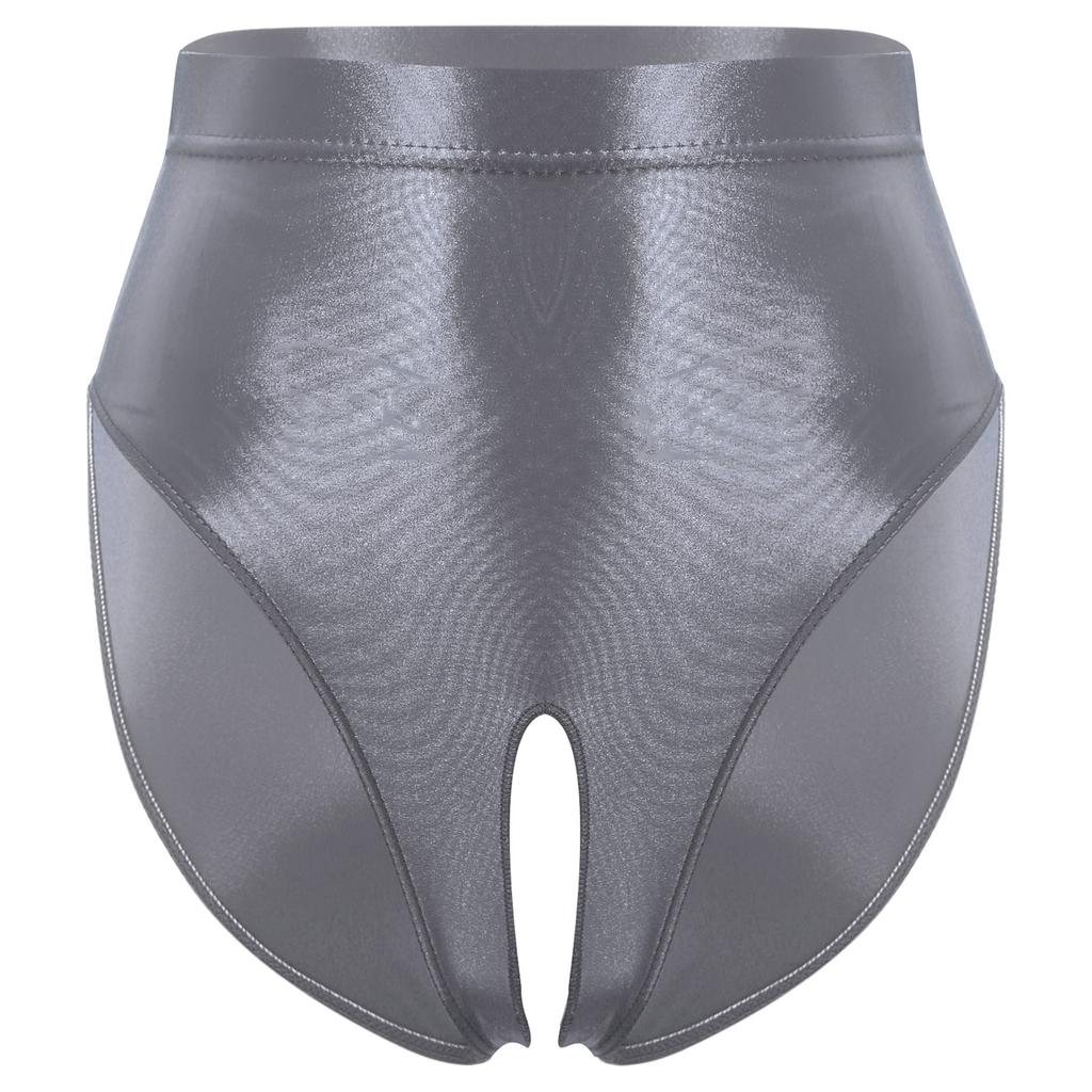 Womens Glossy Stretchy Panties High Waist Open Crotch Design Elastic Waist Sexy Underwear Lingerie