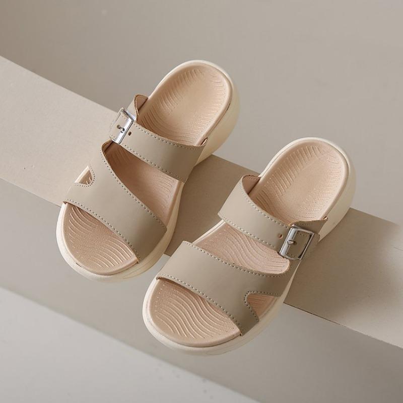 

Thick-soled slippers women s summer simple round head outer wear belt buckle slope heel sandals casual soft bottom one-word 42