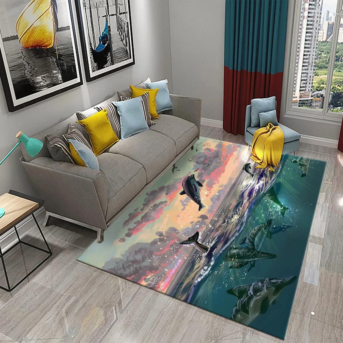 

Cartoon Dolphin Carpet Lovely Marine Animal Design Kids Bedroom And Play Area Crawling Non-Slip Decor 80x120cm