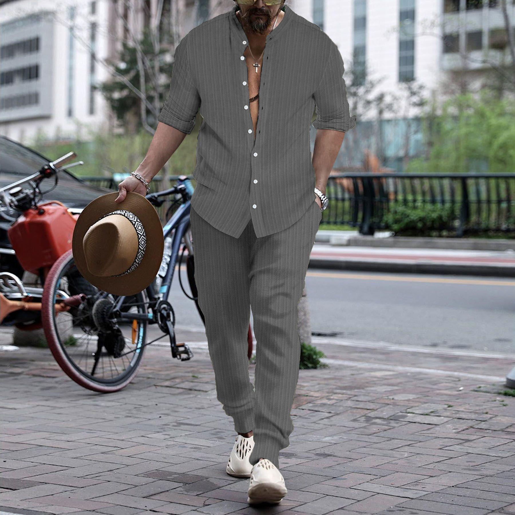

Europe and The United States Four Seasons Explosive Men s Striped Collar Shirt Pants Trend Casual Sports Suit 3XL сірий