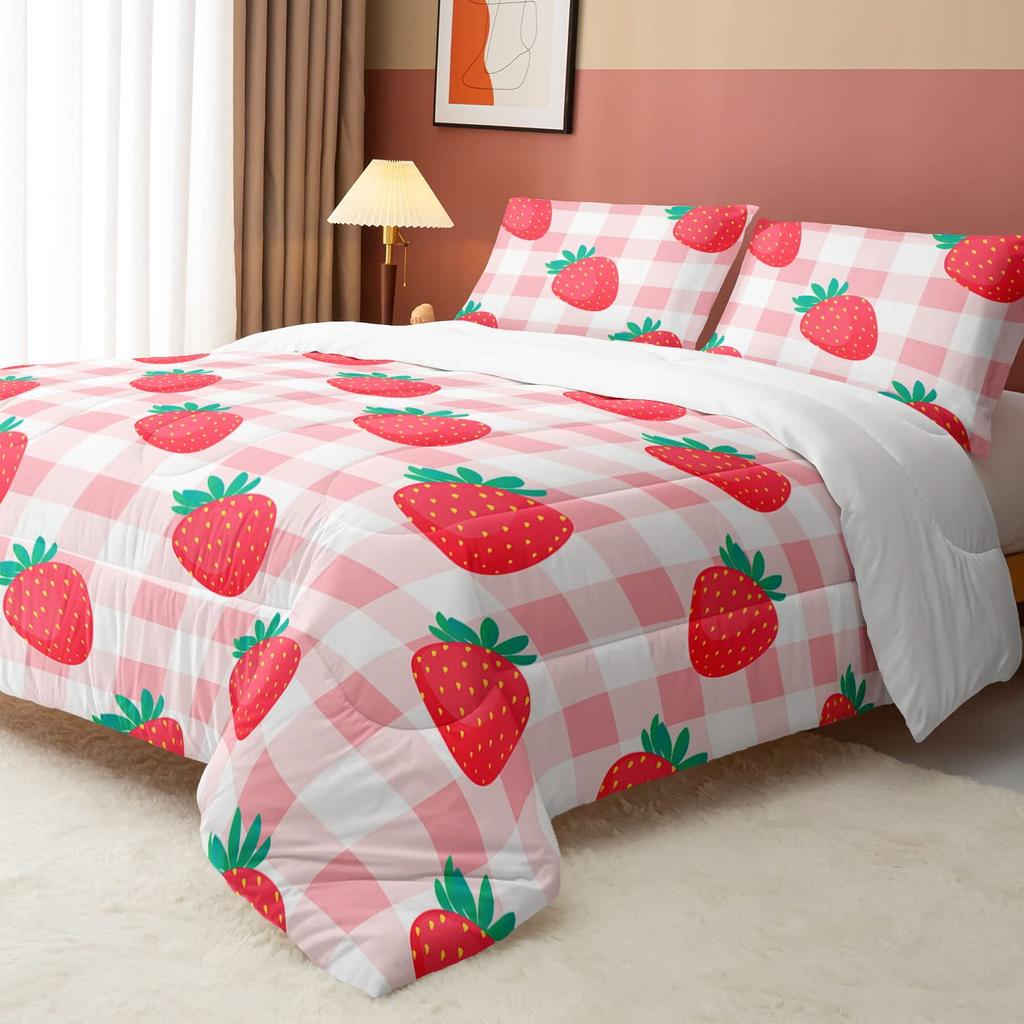 Sweet Strawberry Bedding Collection Duvet Cover For Kids Children Teens Comforter Cover Bed Room Decor Pink Quilt Cover 3Pieces Full Size
