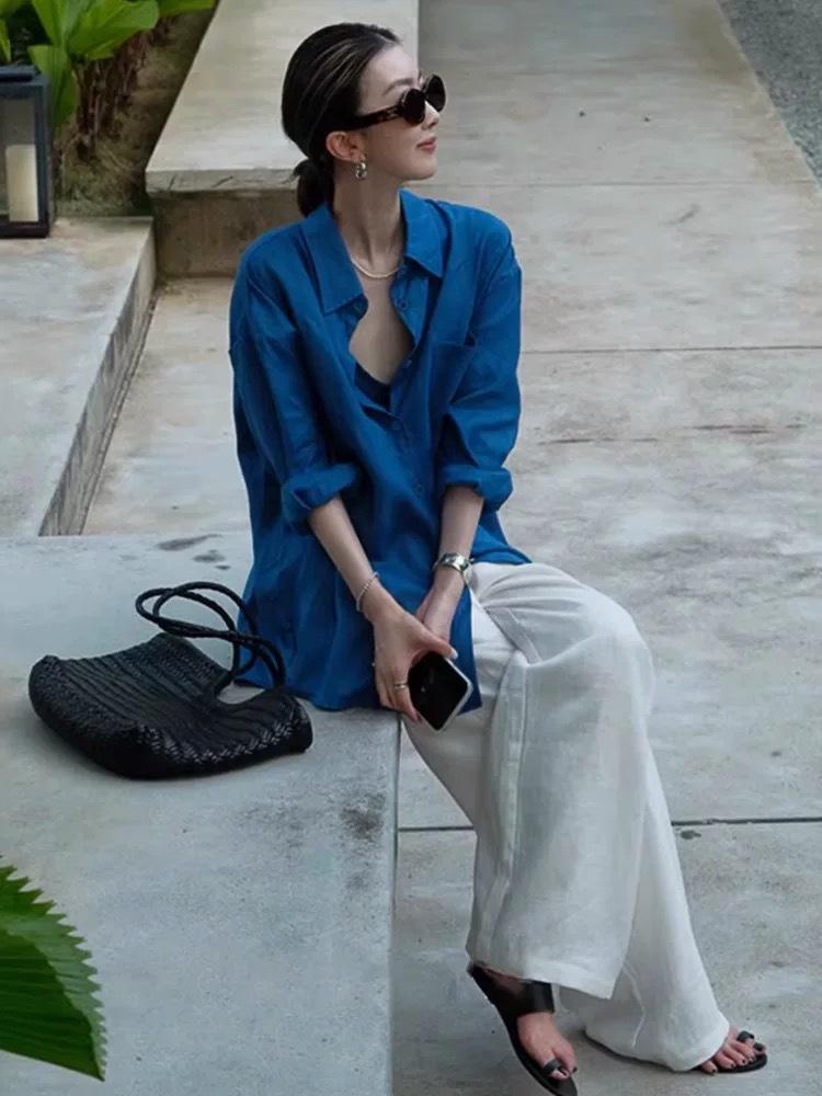 Premium Blue Cotton Linen Sun Protection Long-Sleeve Cardigan Shirt