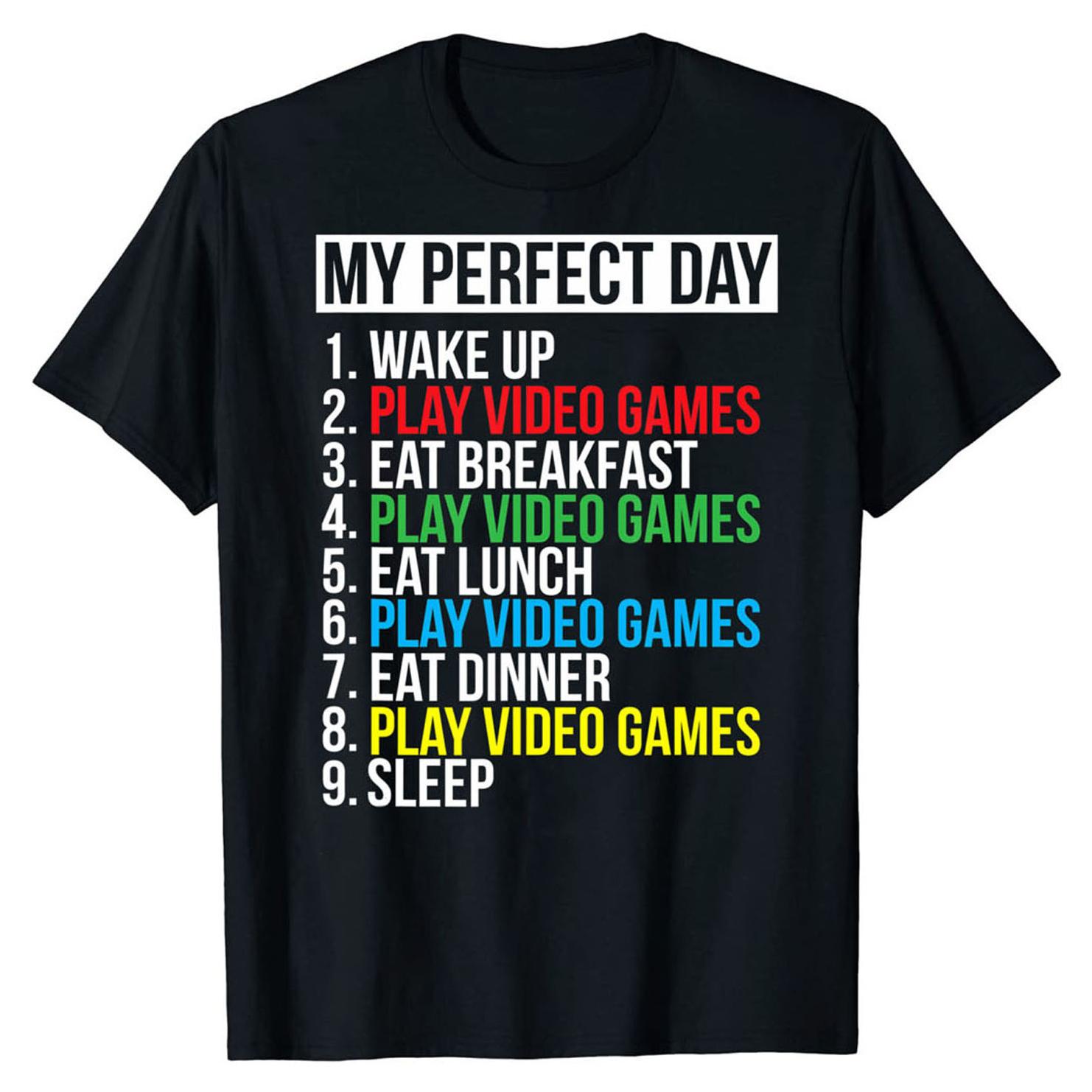 

Mens Funny My Perfect Day Print Casual Short Sleeve TShirt Summer Fall Tops As Gift for People Who Love Video Games S
