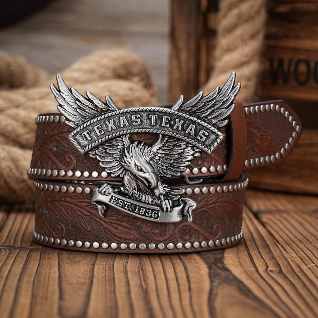 Men & Women-Western-Cowboy-PU Leather-Belts - Vintage horse Belt Floral Engraved Buckle Belt for Jeans