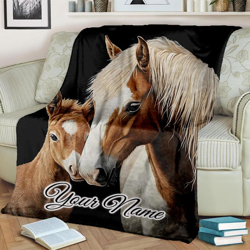 1PC Custom Name Horse Love: Mother Foal Flannel Blankets Patterns Throw Blanket All-Season Soft Gift for Couch, Bed, Camping Gifts