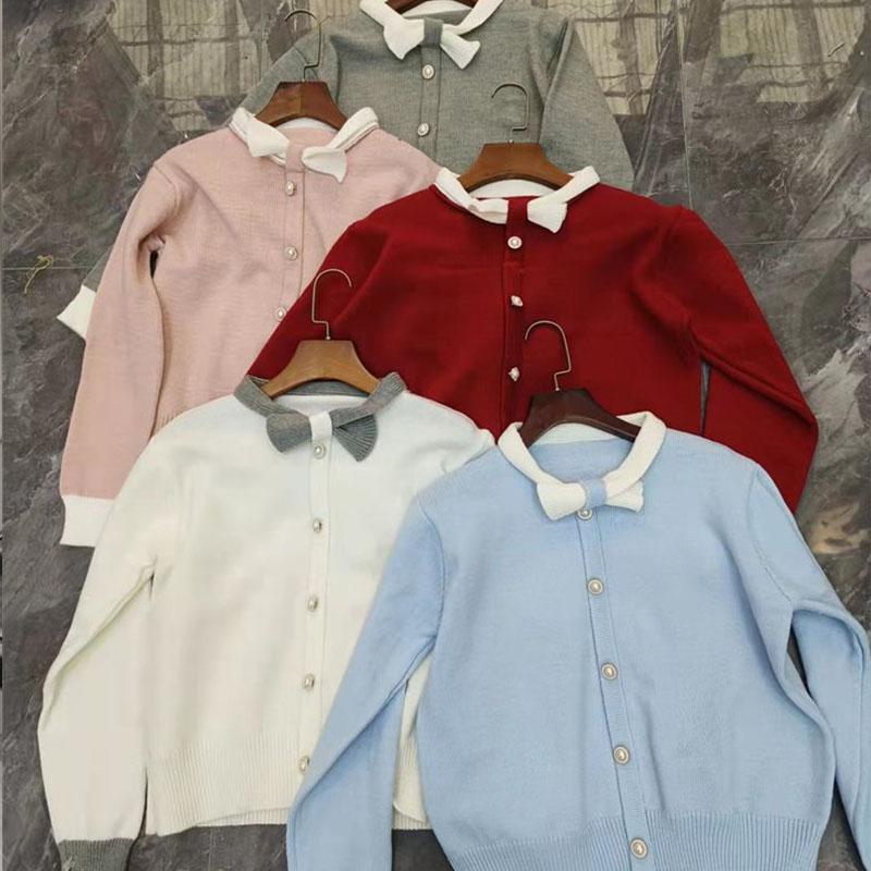 French gentle style spring new sweater small bow round neck long sleeved contrasting red women's knitted cardigan