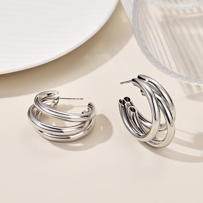 Stainless Steel Double Loop Drop Earrings for Women Girls Geometric Round Rhinestone Pendant Earrings Jewelry Gift