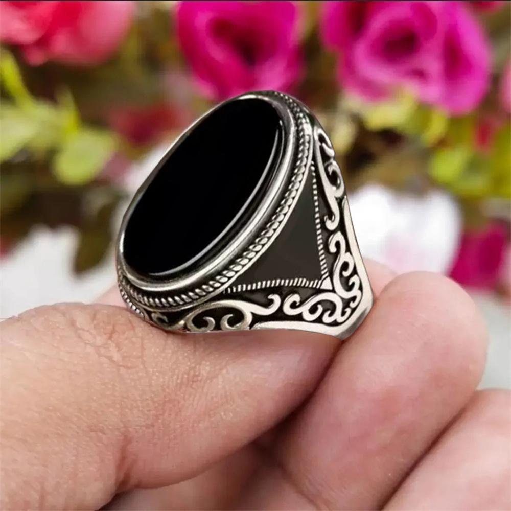 Vintage Men's Handmade Turkish Black Zircon Stone Ring Ancient copper Color Pattern Ring Trendy Islamic Religious Muslim Jewelry