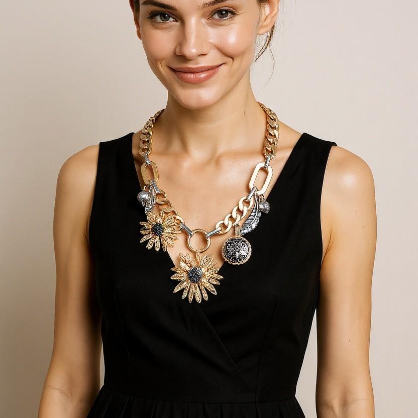 Summer Sunflowers Necklace - Layered Floral Necklace | Boho Style | Two-Tone Plating