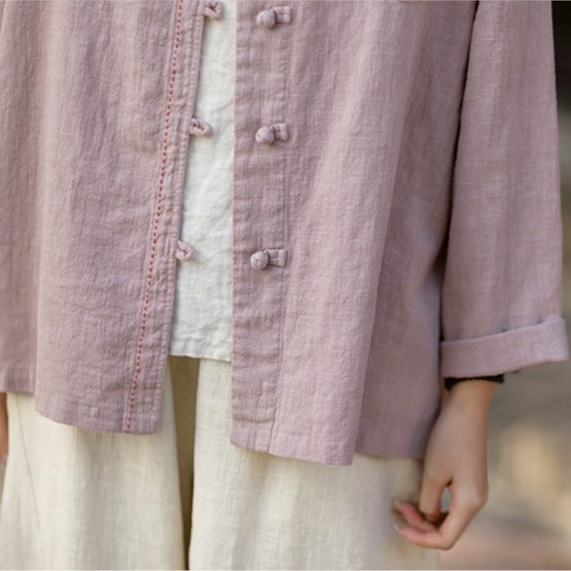 Johnature Women Vintage Shirts Spring Chinese Style Solid Color Stand Long Sleeve Button Pockets Blouses