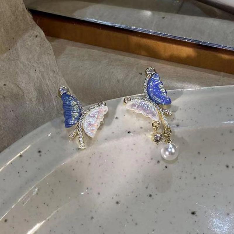 Asymmetrical Colorful Butterfly & Pearl Stud Earrings In S925 Sterling Silver