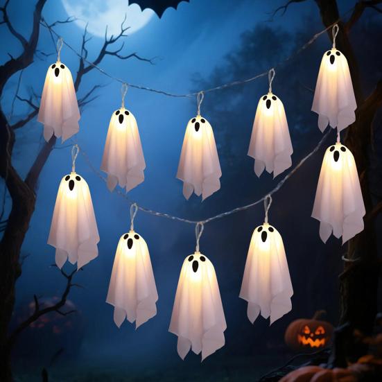 10 ks Halloweenská závěsná svítící dekorace duchů Strašidelný bílý látkový duch se světelným řetězem pro výzdobu přední verandy, dvora, trávníku, zahrady