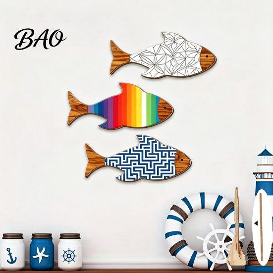 Fish Wall Decor 3Pcs/Set Wooden Coastal Art, Rustic Handcrafted Decor, Artistic Nautical Sculpture for Living Room, Beach Lake House Room