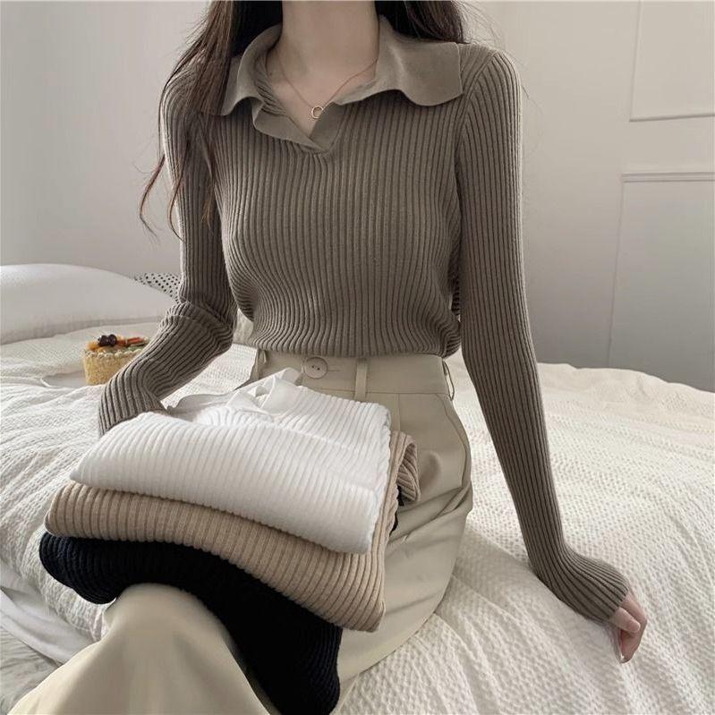 Women's Pure and Sexy Style Polo Collar Knitted Shirt Spring and Autumn Top Outer Wear Slim-Fitting Spicy Girl Sweater Versatile Soft Base Layer