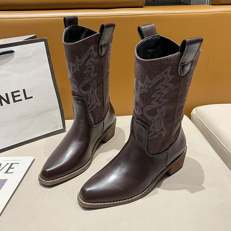 

Мода 2025 Весна/Лето Модные Женские Ботильоны с Острым Носом Однотонные, Ботильоны на Среднем Каблуке Вышитые Сапоги в Стиле Вестерн Ковбойские Сапоги 42 коричневый