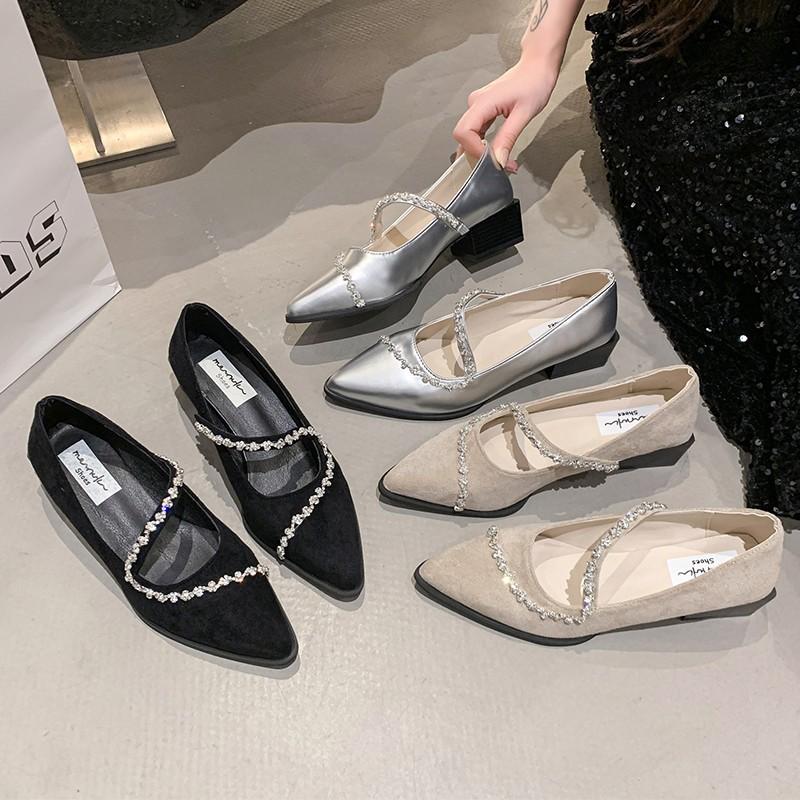 Spring and Summer 2025 New Light Luxury Curved Rhinestone Temperament Versatile Pointed All-inclusive Square Heel Soft Sole Single Shoes Women