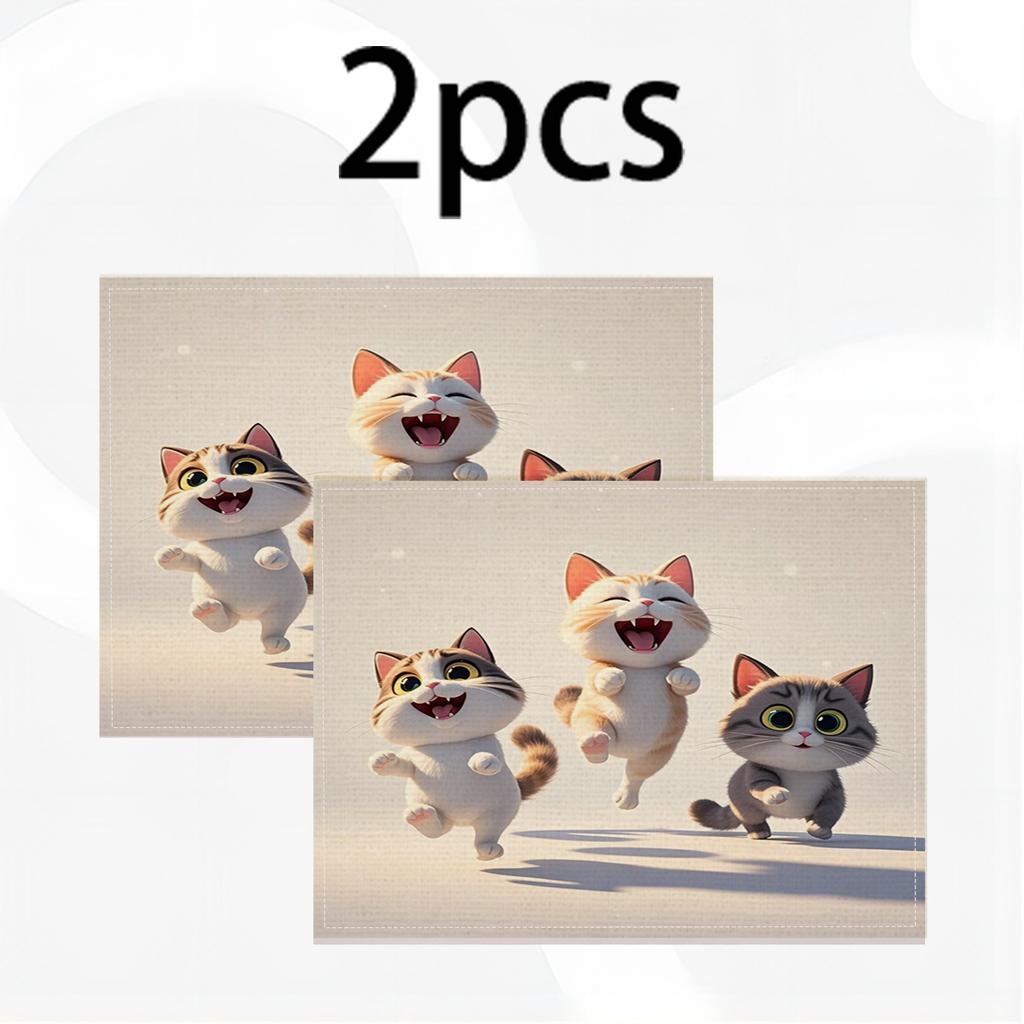 4/6/8pcs Fun Cat Print Linen Placemat, Rectangular Table Mat, Hand Washable, Home Decor Dining Room and Kitchen Mat Set