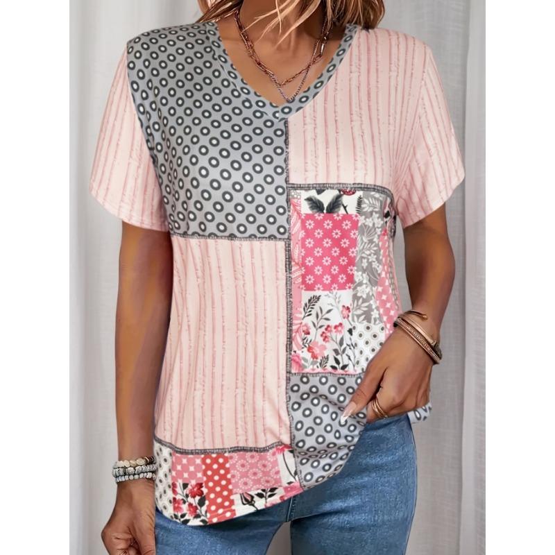 

Футболка женская летняя повседневная элегантная простая с V-образным вырезом и короткими рукавами в цветочную клетку свободная повседневная женская футболка 8XL