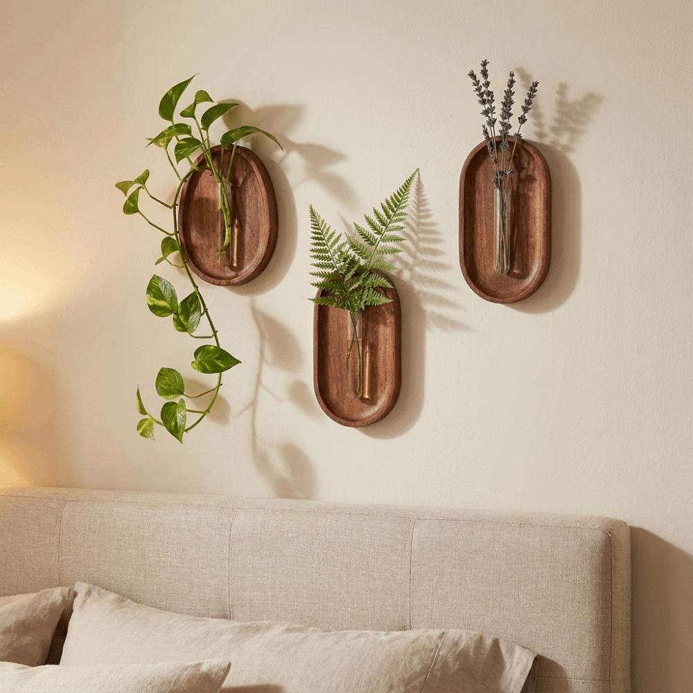 Space Saving Wall Hydroponic Vase Solid Wood Oval Tube Wall Vase Wall Mounted Vase  DIY Plant