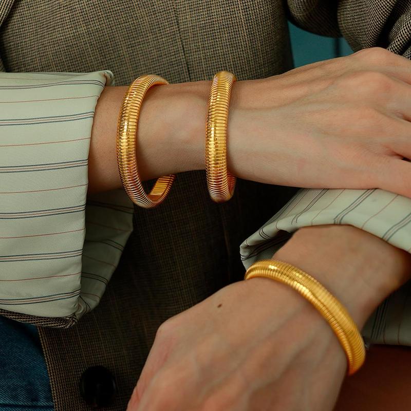 Bracciali a Bangles Elastici Spessi da 10 mm per Donna Acciaio Inossidabile Placcato Oro 18K Catena a Maglie Braccialetto Largo Flessibile Gioielli Regali