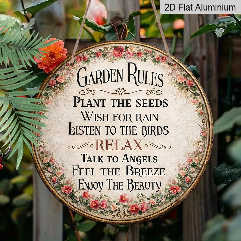 2D Flat, 1pc Round Aluminum Garden Rules Sign, Vintage "Garden Rules" Inspirational Quote, Vintage Floral Border Print with Pink Roses, Waterproof