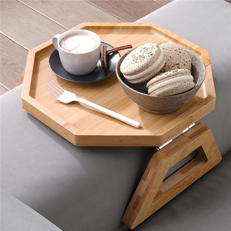 A25F-Sofa Armrest Tray, Wooden & Bamboo Folding Sofa Tray Table Use For Eating/Remote/Drinks/Phone (Round, Square)