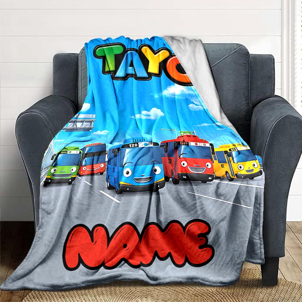 Custom Name Tayo Bus Adventure Blanket for Couch & Bed, Plush Cozy Fuzzy Blanket Super Soft & Warm Blankets for Fall and Winter. 0908196