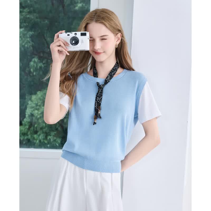 Baitu Women's Faux Two-Piece Short Sleeve Knit Top