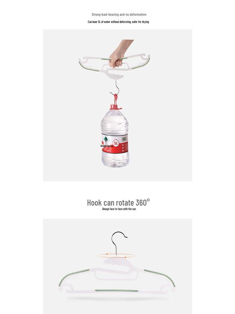 Non-slip, no-mark, reinforced plastic clothes hanger with no shoulder bumps for home use and air drying.