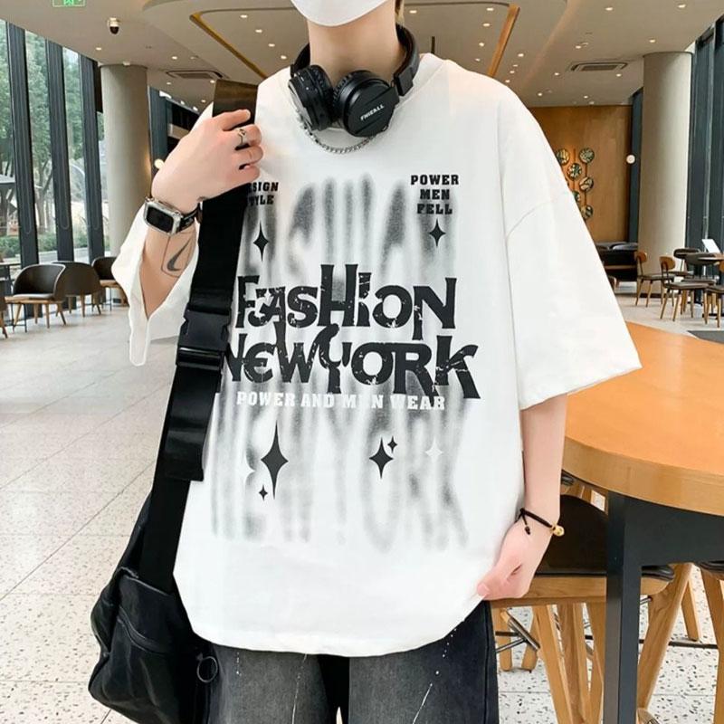American Young Style Letter T-shirts Men's Clothing Vintage Fashion Printed Summer Round Neck Loose Basic Half Sleeve Pullovers