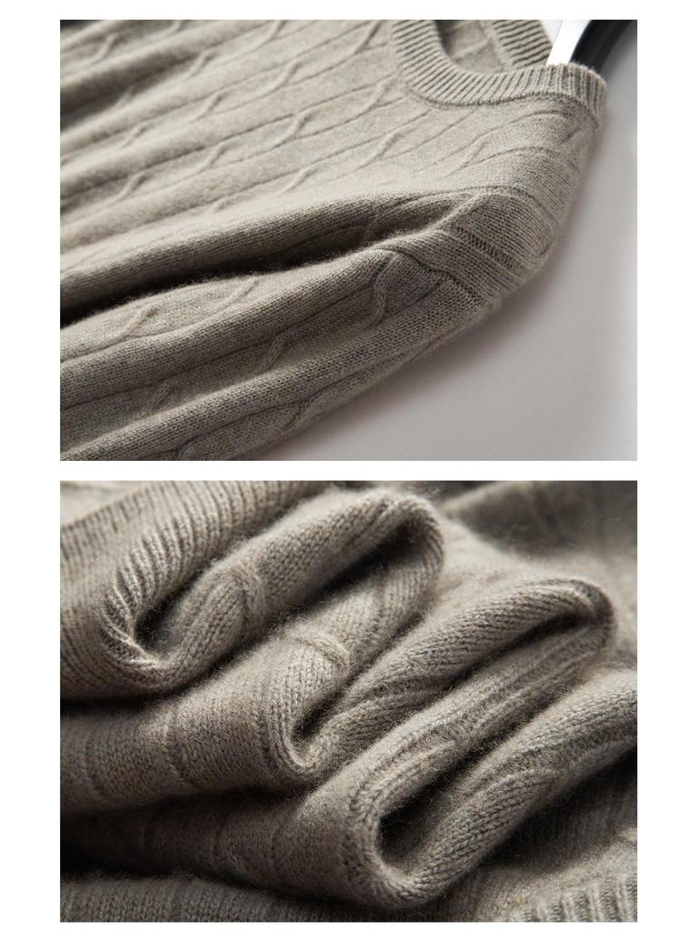 Men's Cashmere Crew Neck Sweater - Thick Cable Knit, Business Casual Loose Fit.