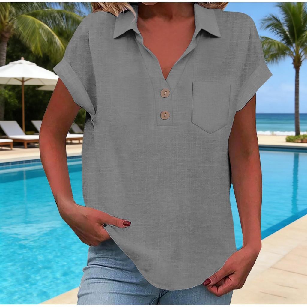 Women's Fashion Casual -Colour Buttoned Pocket Collared Short-Sleeved Shirt T-Shirt Top