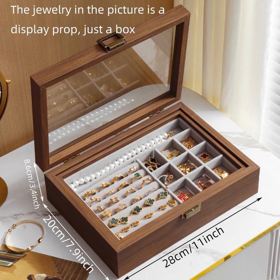 Walnut Color Double-decker Jewelry Box Necklace Earrings Box Cover Carry Oxide Jewelry Delicate Solid Wood Jewelry Box