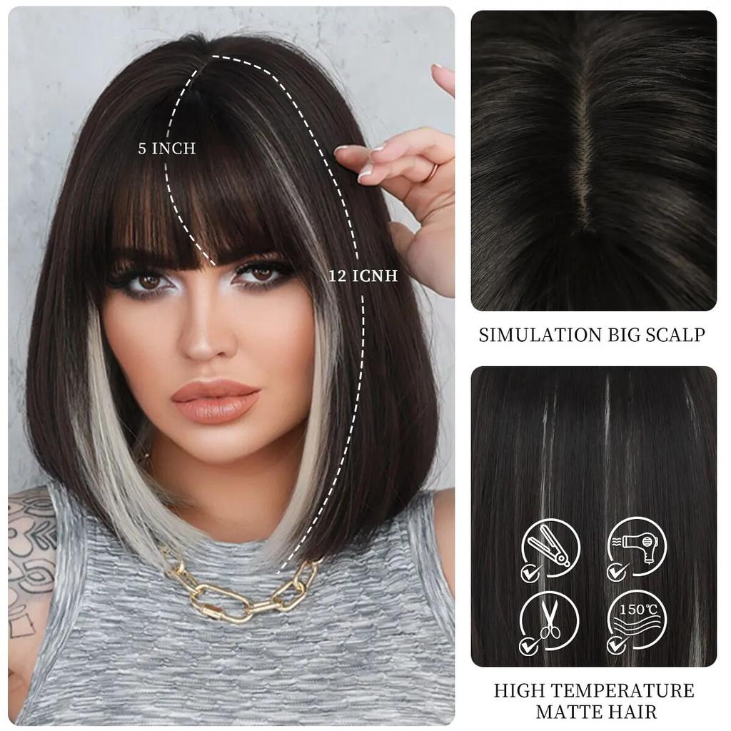 Černá s bílou Bob paruky s ofinou Krátké rovné paruky pro ženy Zajímavosti Paruka Cosplay Party Blackpink Korea Paruka