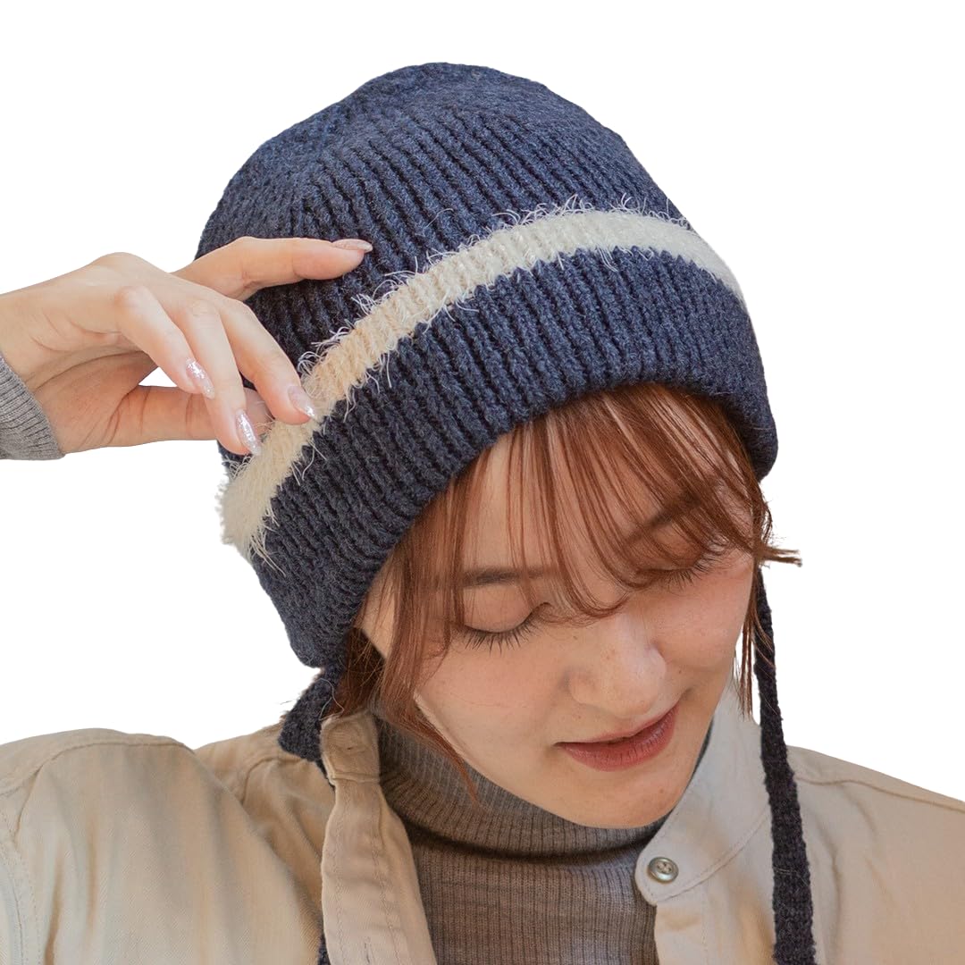 

Вязаная шапка ICHIYON для лохматых с козырьком, теплая [14+ ПЛЮС] Женская, с полосками, на завязках, кепка, Осень/Зима, / 103866-182-100